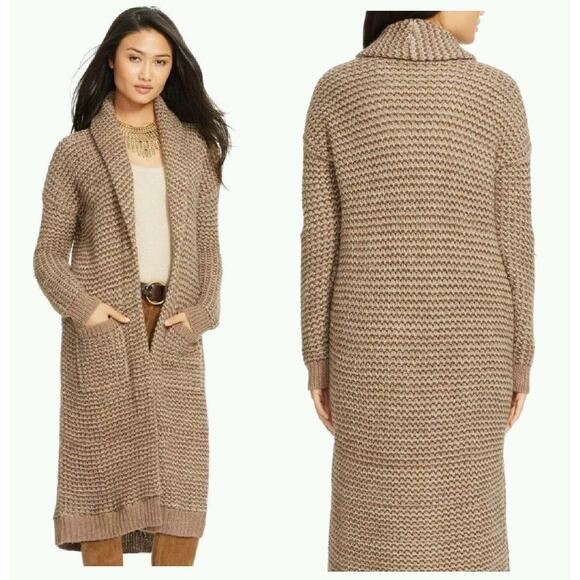 Ralph Lauren LRL Womens Cardigan Duster Sweater Tan Open Shawl Collar Size L - Picture 1 of 11